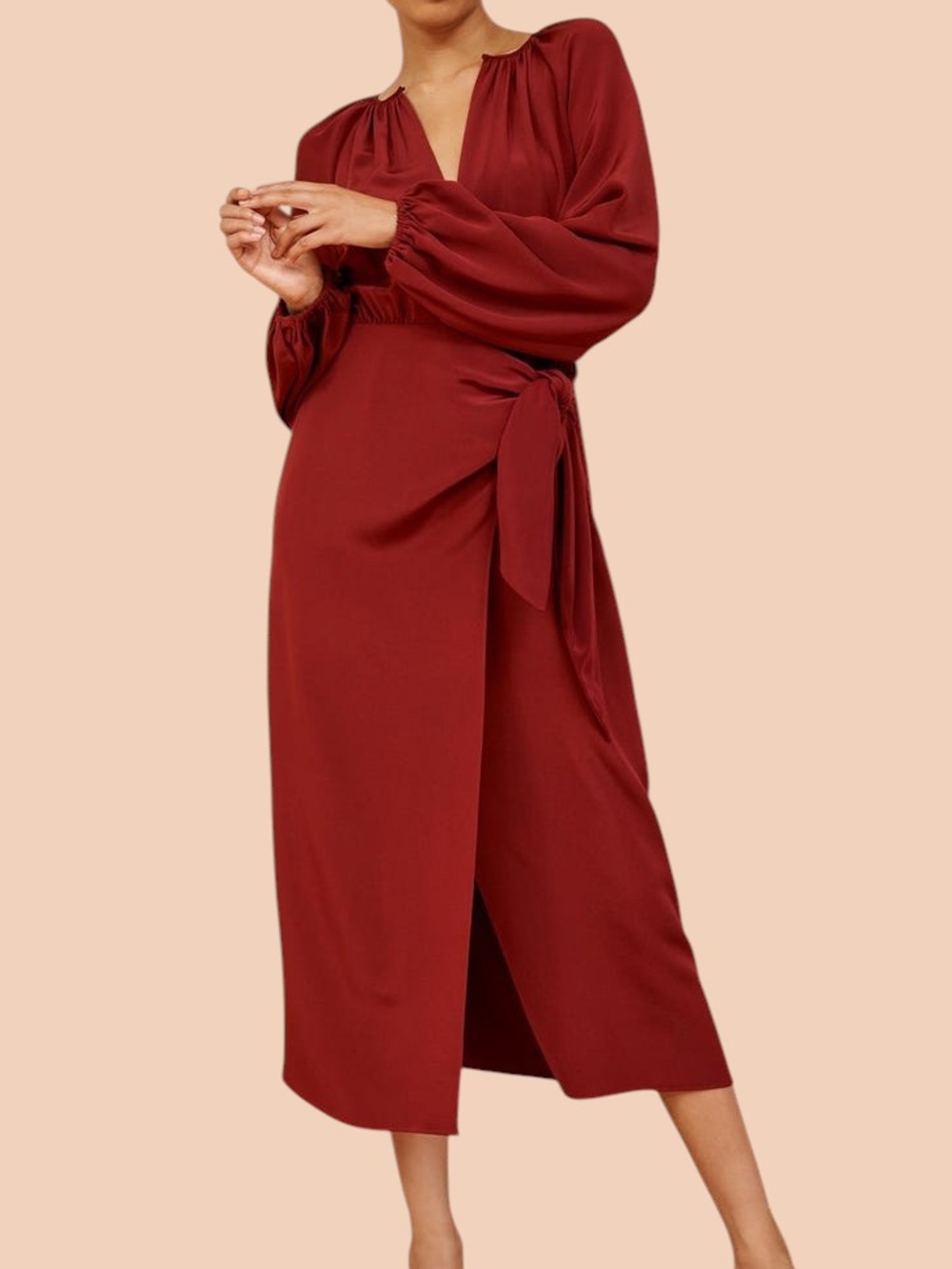 La Ligne Imogen Burgundy Wine Red Silk Midi Dress with Wrap Front Wais